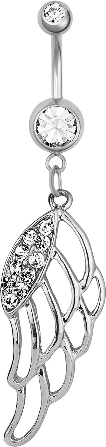 Surgical Steel CZ Pave Jeweled Angel Wing Dangle Belly Button Ring