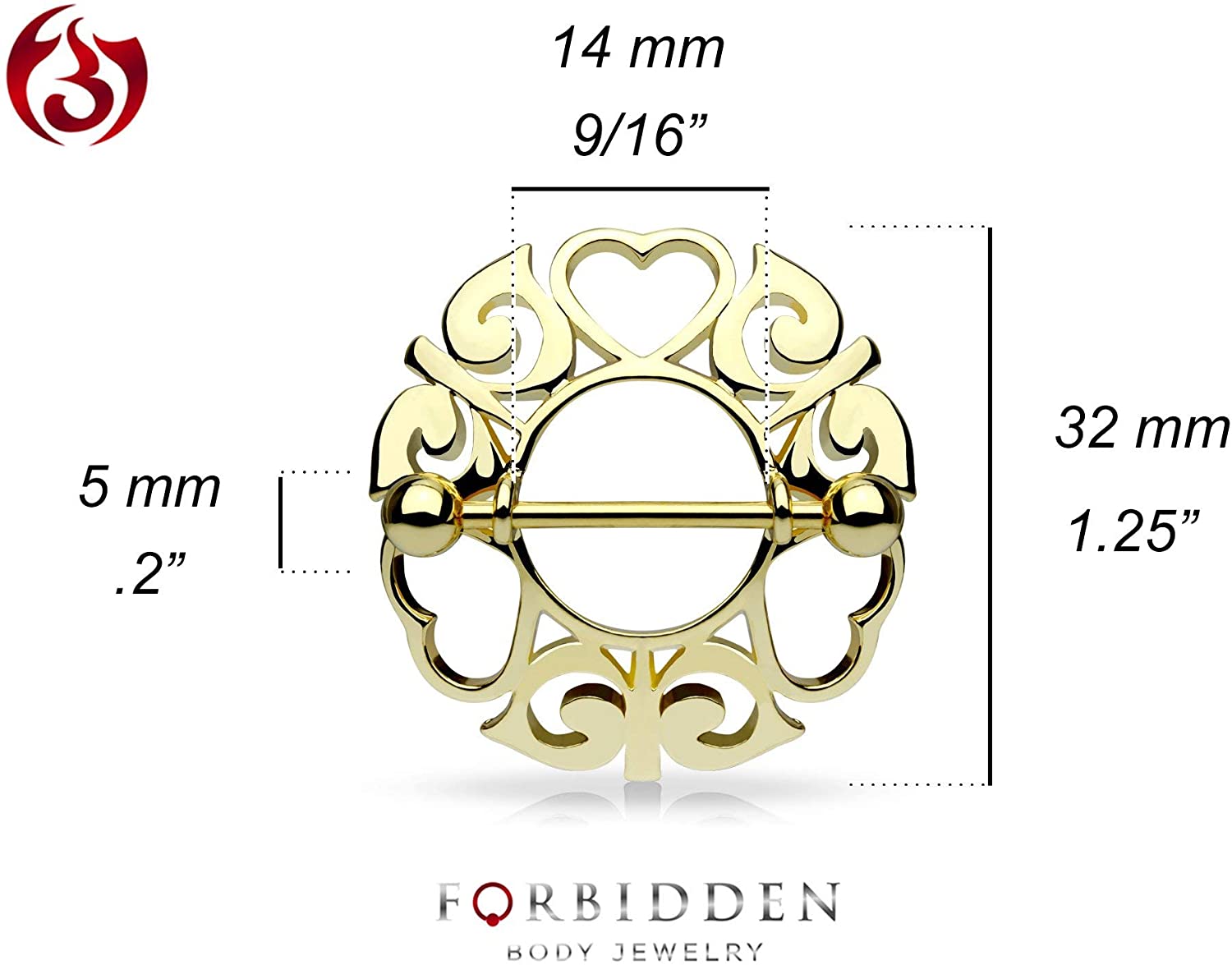 Forbidden Body Jewelry Pair of Surgical Steel Tribal Heart Nipple Piercing Shields, 9/16 Inch Barbells