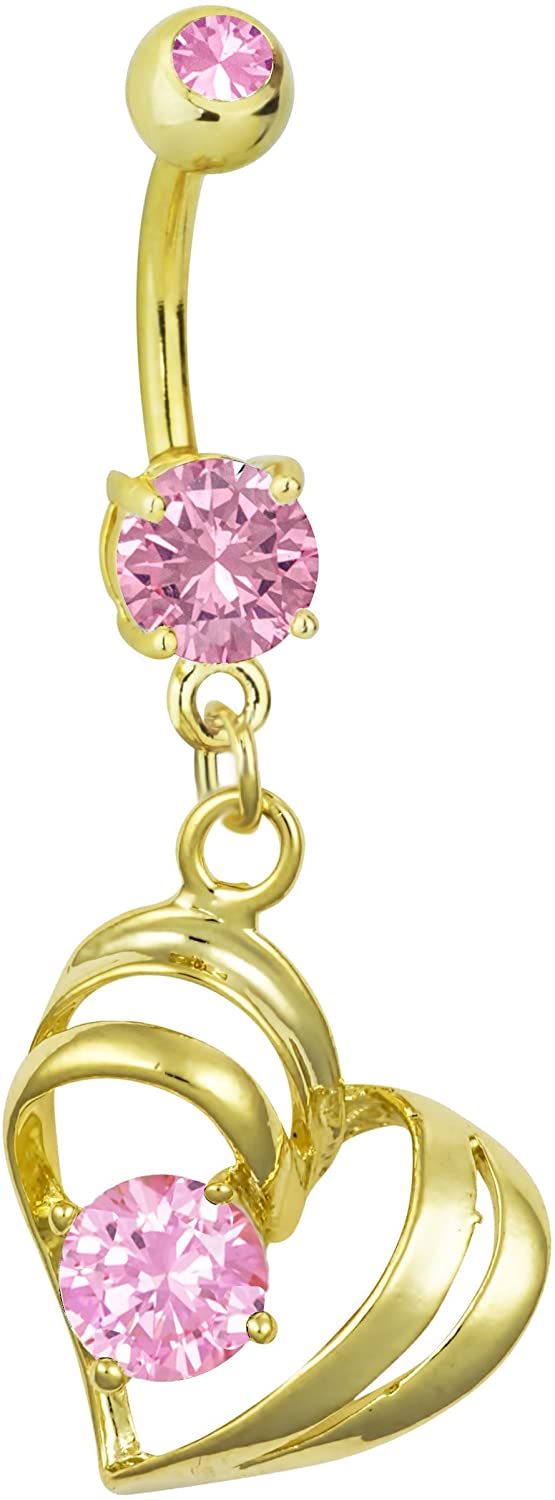 Forbidden Body Jewelry 14kt Gold Plated Surgical Steel Pink CZ Simulated Diamond Double Heart Dangle Belly Button Ring