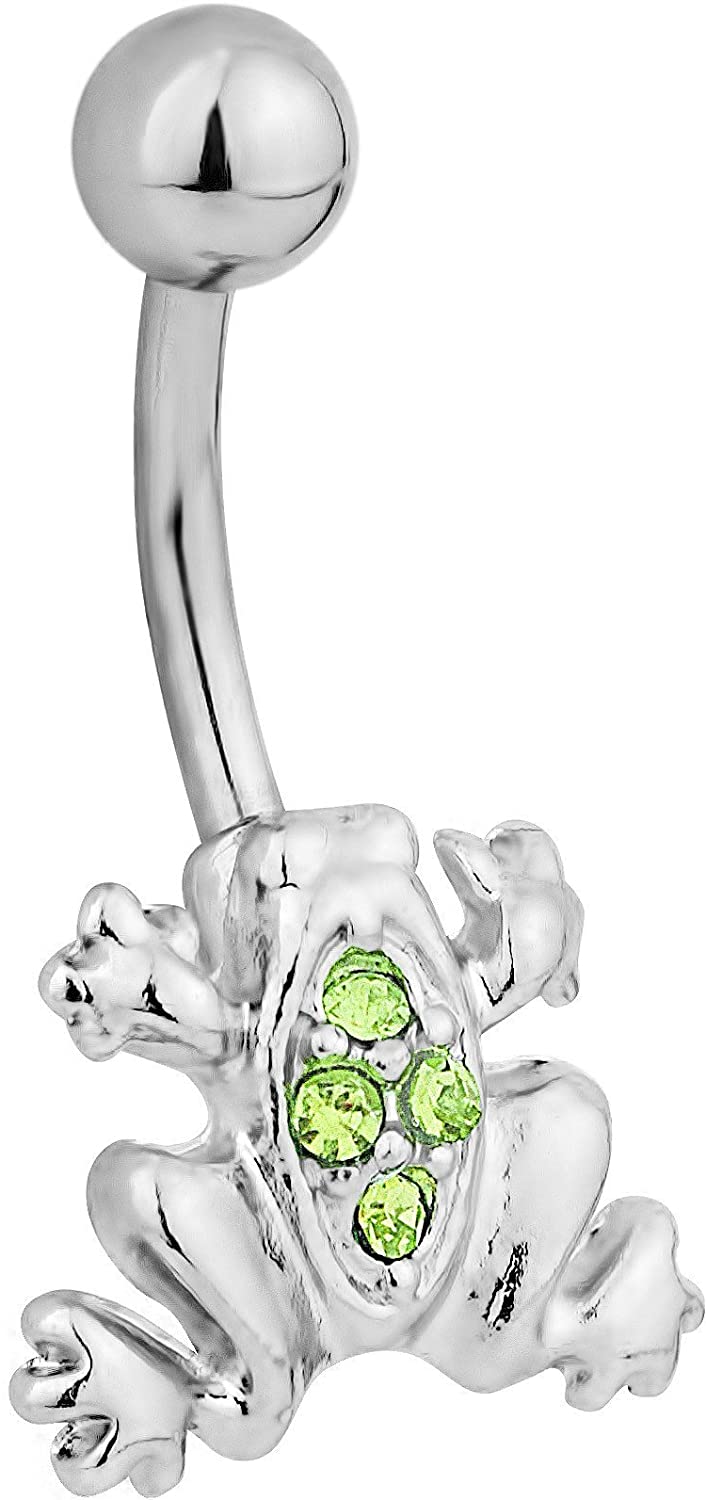 Surgical Steel Green Jeweled Frog Belly Button Ring