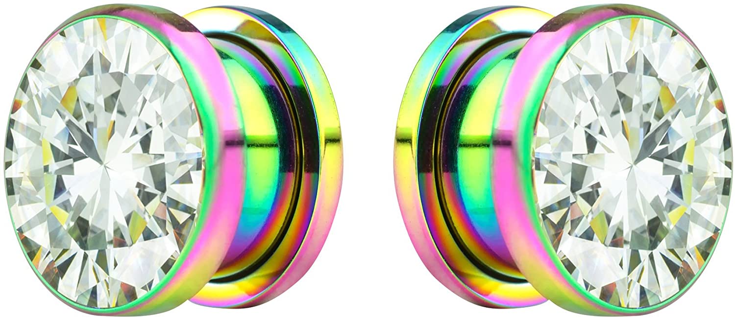 Forbidden Body Jewelry 2pcs 8G-7/8 Surgical Steel Screw Fit CZ Center Rainbow Tunnel Plug Earrings