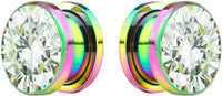 Forbidden Body Jewelry 2pcs 8G-7/8 Surgical Steel Screw Fit CZ Center Rainbow Tunnel Plug Earrings