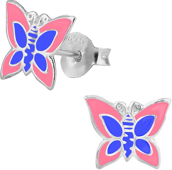 Hypoallergenic Sterling Silver Pink & Blue Butterfly Stud Earrings for Kids (Nickel Free)