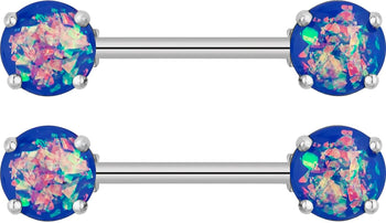 Forbidden Body Jewelry 14G Set of Surgical Steel Simulated Opal Glitter Gemstone Nipple Ring Barbells