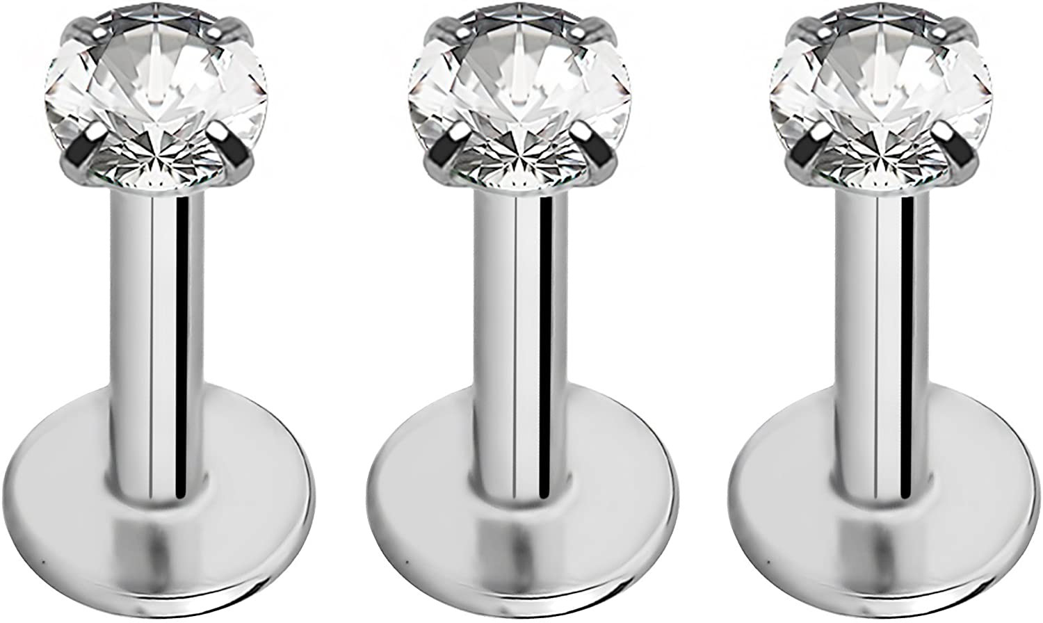 Forbidden Body Jewelry 16g 6-8mm Internally Threaded Surgical Steel Tragus/Helix/Cartilage/Labret Piercing Studs, 2-3mm CZ Top