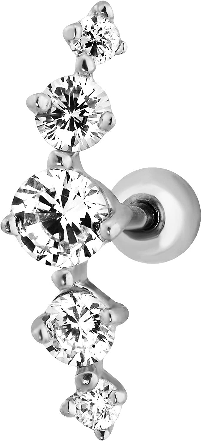 Forbidden Body Jewelry 16g 6mm Surgical Steel 5-Gem Curved CZ Crystal Cartilage Stud Earring