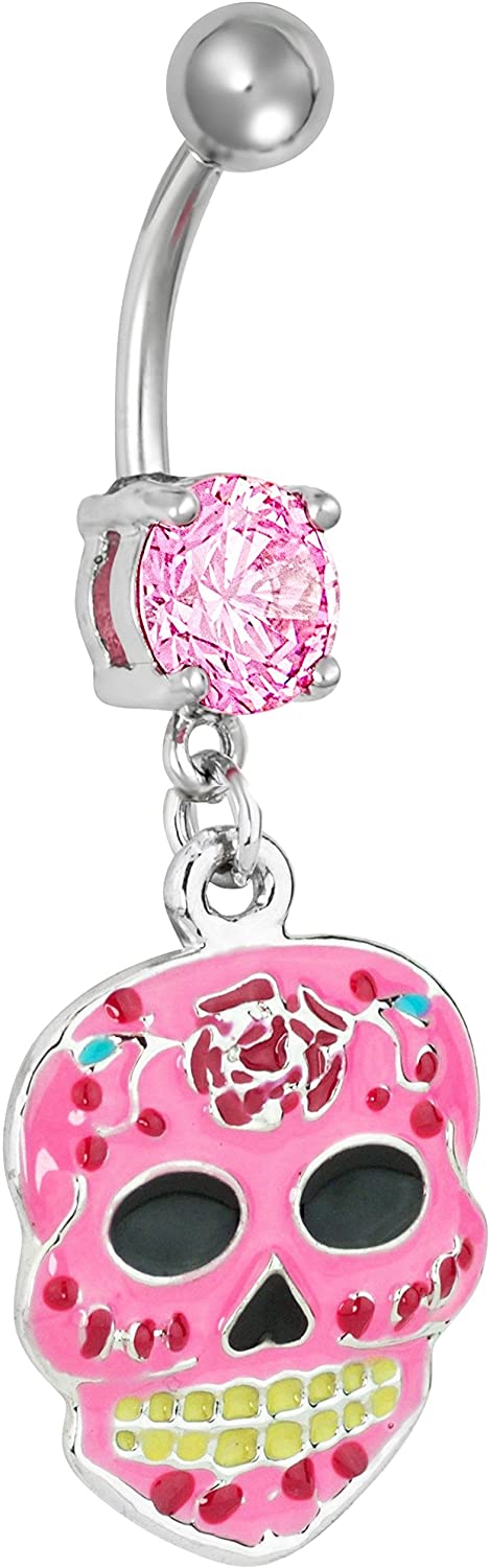 Surgical Steel Jeweled Pink Sugar Skull Epoxy Dangle Belly Button Ring