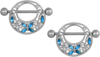 Forbidden Body Jewelry Pair of 14g 22mm (7/8 Inch) Surgical Steel Light Blue CZ Butterfly & Flower Vine Nipple Shield Barbells