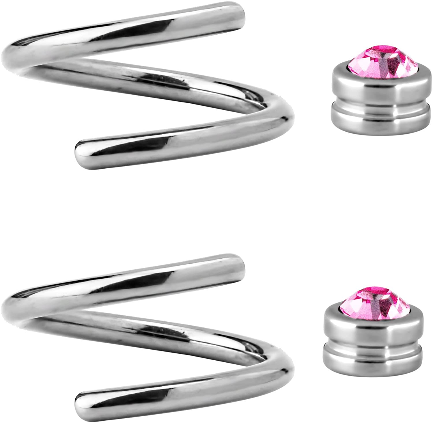 Forbidden Body Jewelry Pair of 2 Unique Twist Piercing Rings: 14g 7/16 Inch Surgical Steel Pink CZ Twist Hoop Rings