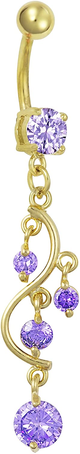 Forbidden Body Jewelry 14kt Gold Plated Surgical Steel Fancy Purple CZ Crystal Vine Drop Multi Gem Dangle Belly Button Ring