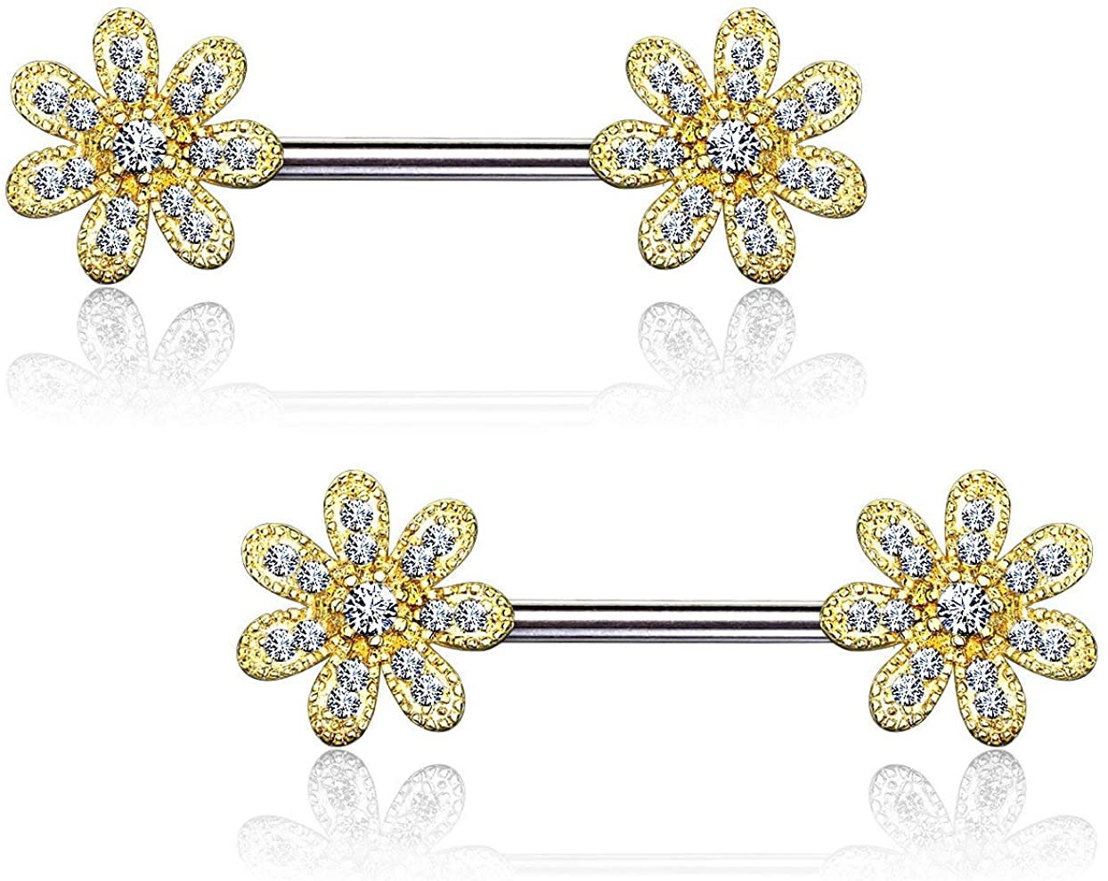 Forbidden Body Jewelry Pair of Surgical Steel 9/16 Inch (14mm) Sexy Pave CZ Flower Nipple Barbells