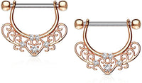 Forbidden Body Jewelry Pair of Surgical Steel 1/2 Inch (12mm) Fancy CZ Heart Filigree D-Ring Dangle Nipple Barbells