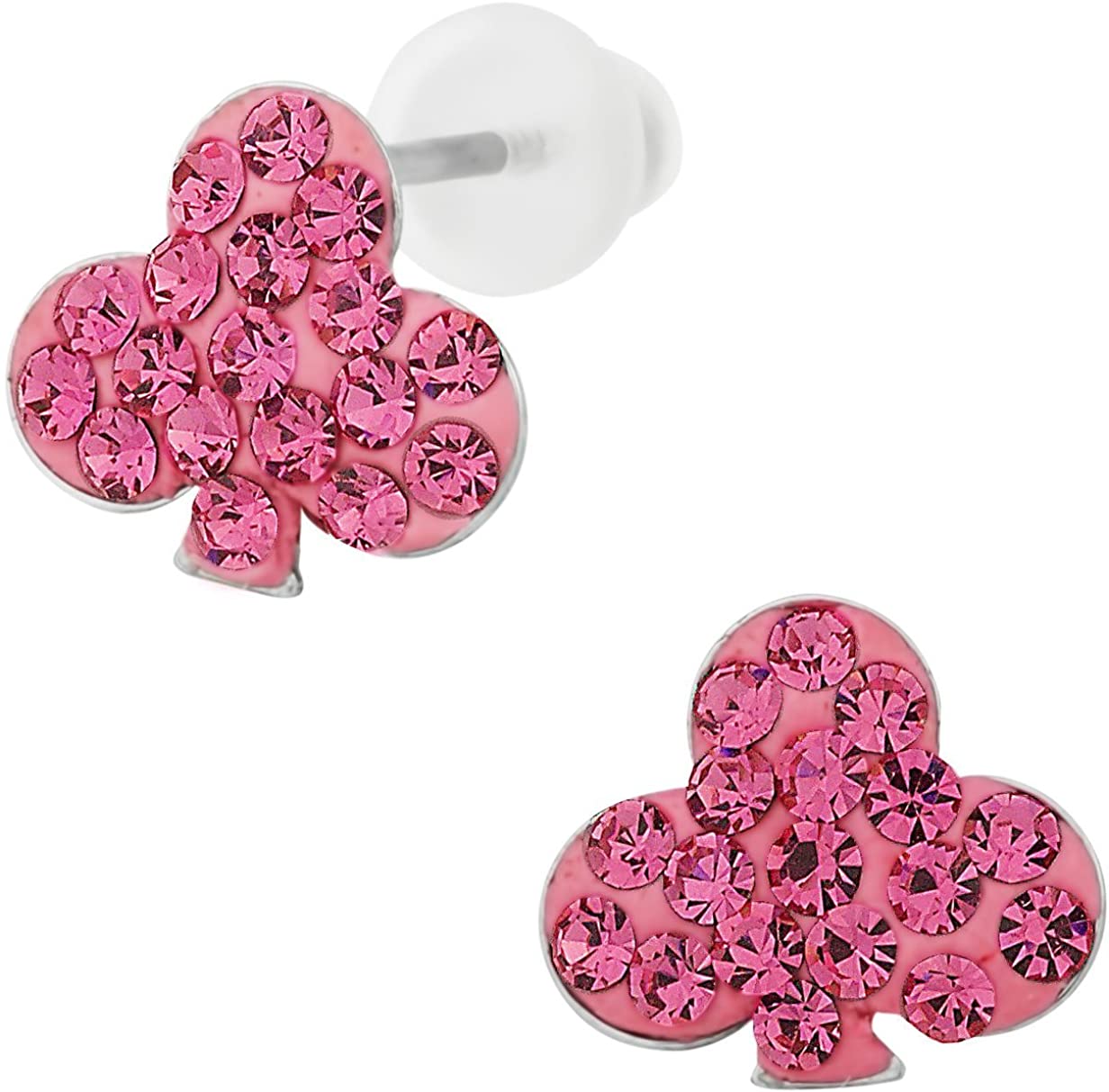 Stainless Steel Pink CZ Crystal Four Leaf Clover Shamrock Stud Earrings for Kids (Nickel Free)