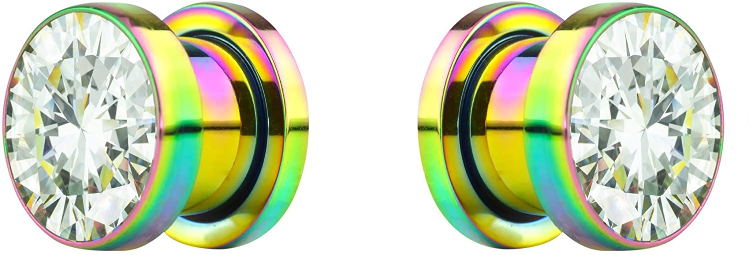 Forbidden Body Jewelry 2pcs 8G-7/8 Surgical Steel Screw Fit CZ Center Rainbow Tunnel Plug Earrings