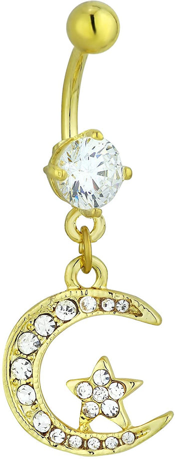 Forbidden Body Jewelry 14kt Gold Plated Simulated Diamond CZ Crystal Pave Set Half Moon & Star Dangle Belly Button Ring