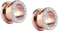 Forbidden Body Jewelry 10G-1" Rose Gold IP Plated Surgical Steel Crystal Rimmed Screw Fit Tunnel Plugs