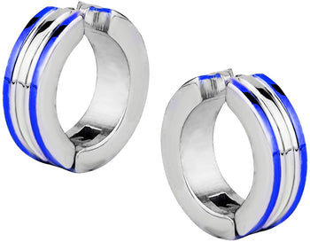 Stainless Steel Two Tone Blue IP Plated Clip On Huggie Hoop Earrings