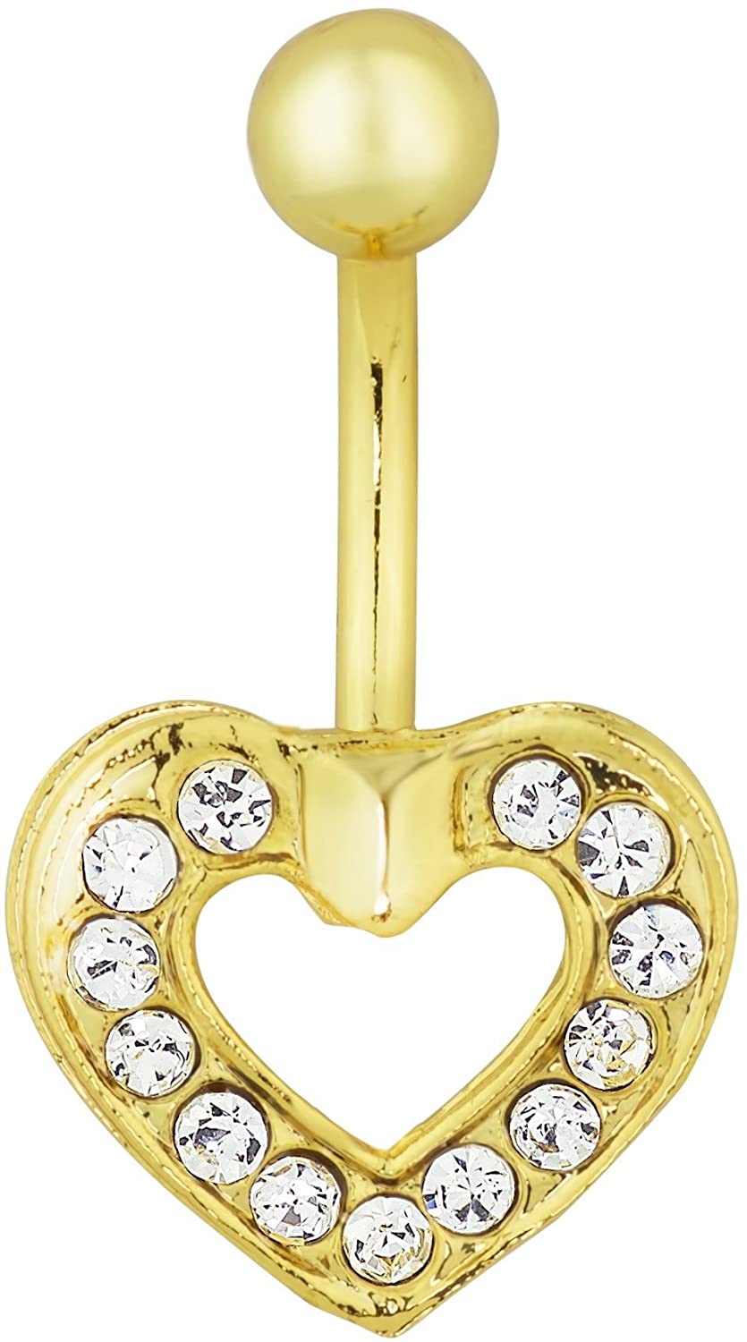 Forbidden Body Jewelry 14kt Gold Plated Simulated Diamond CZ Crystal Pave Set Heart Belly Button Ring