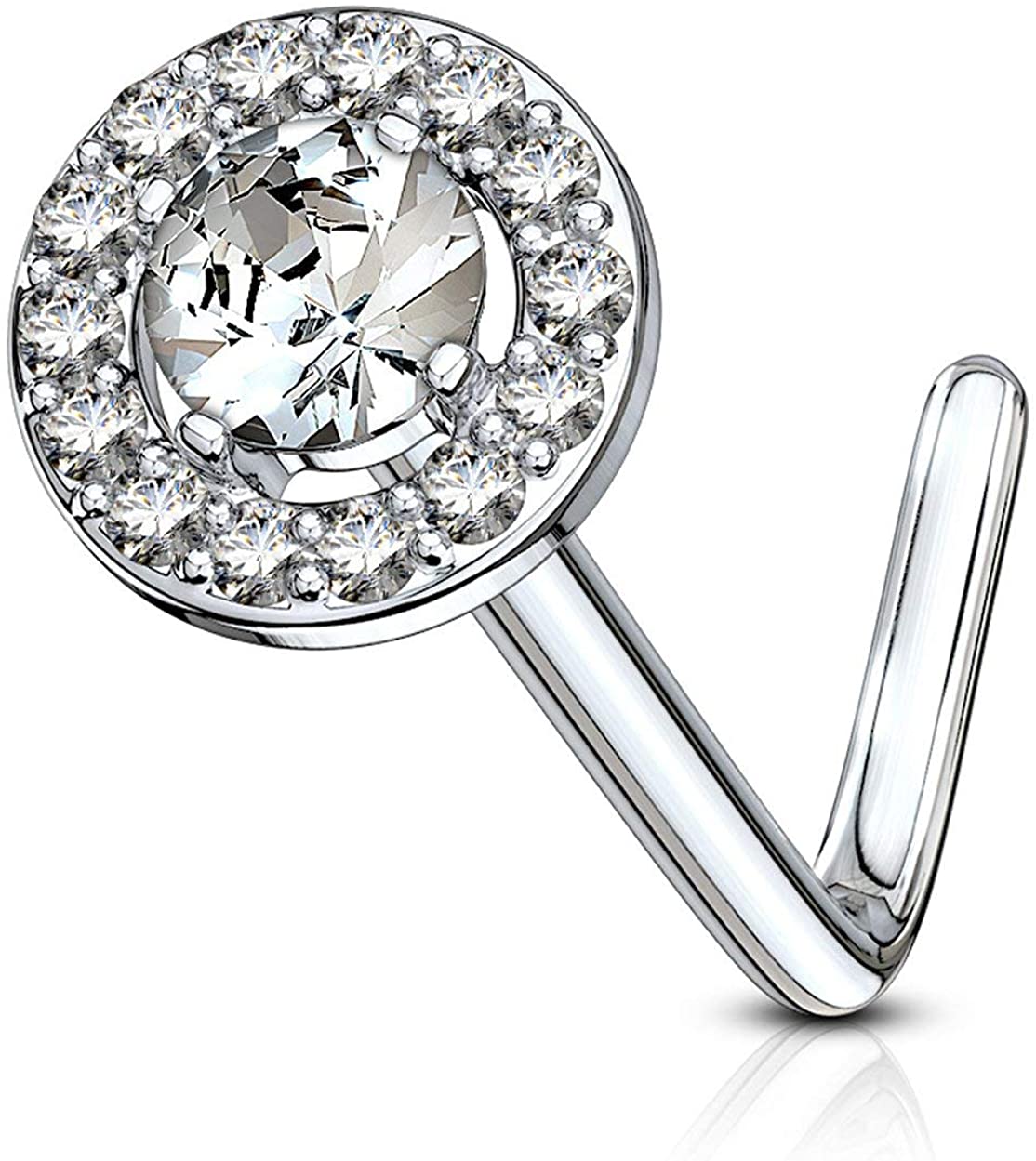 Forbidden Body Jewelry 20g Surgical Steel Fancy Double Tired Big 6mm CZ Halo L Shaped Nose Ring