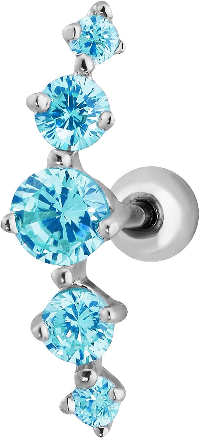 Forbidden Body Jewelry 16g 6mm Surgical Steel 5-Gem Curved CZ Crystal Cartilage Stud Earring