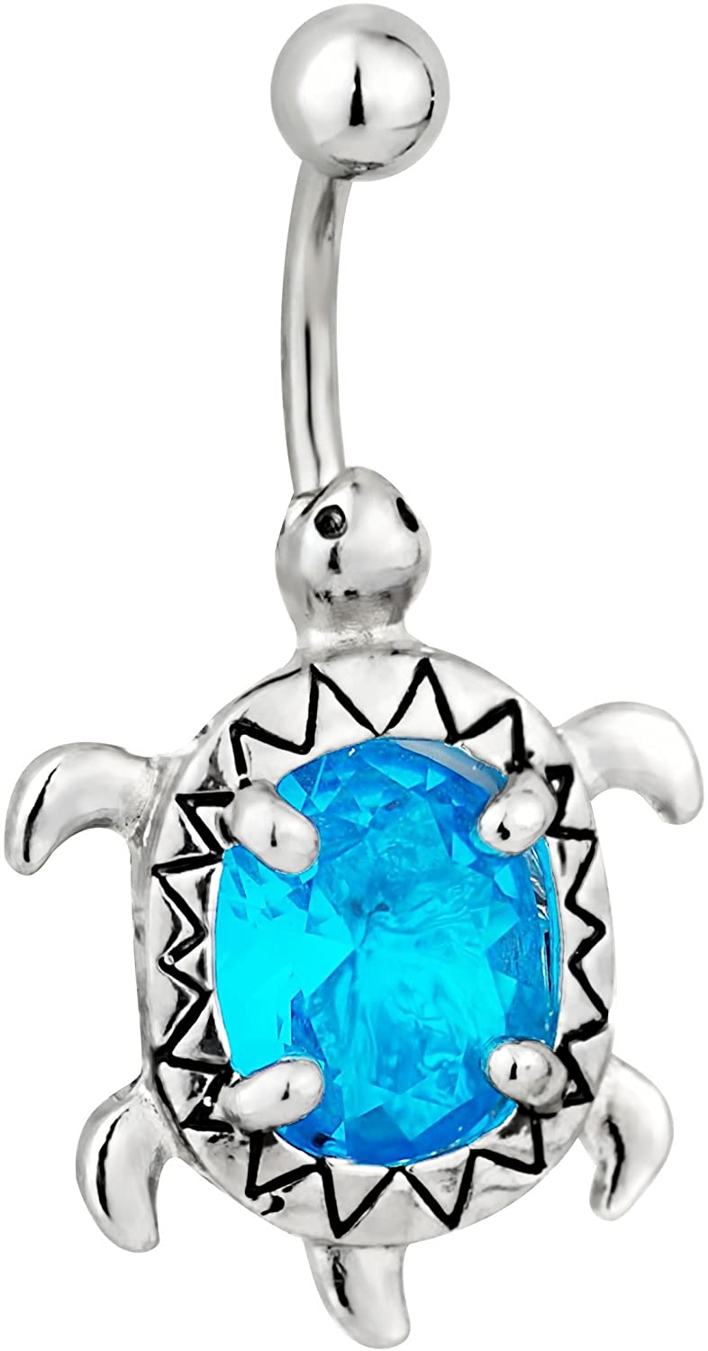 Forbidden Body Jewelry Surgical Steel Aqua Blue Jeweled CZ Sea Turtle Animal Belly Button Ring