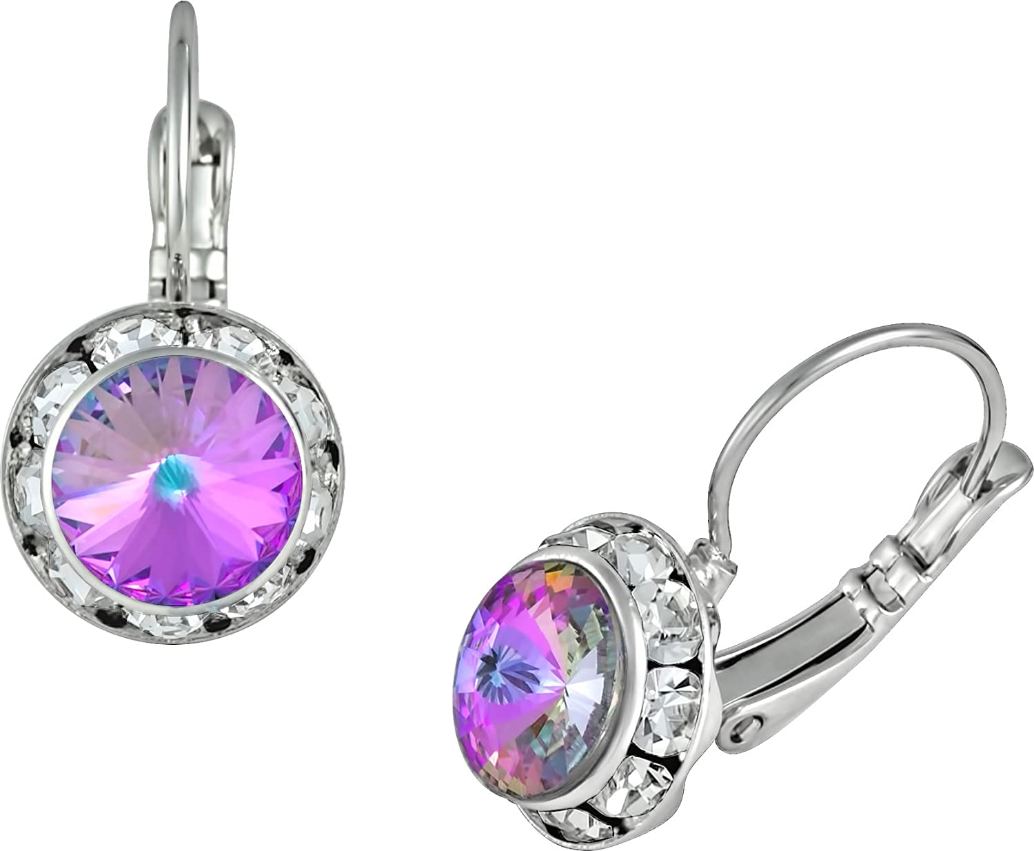 Austrian Crystal Silver Tone Framed Vitrail Rainbow Lever Back Earrings for Women