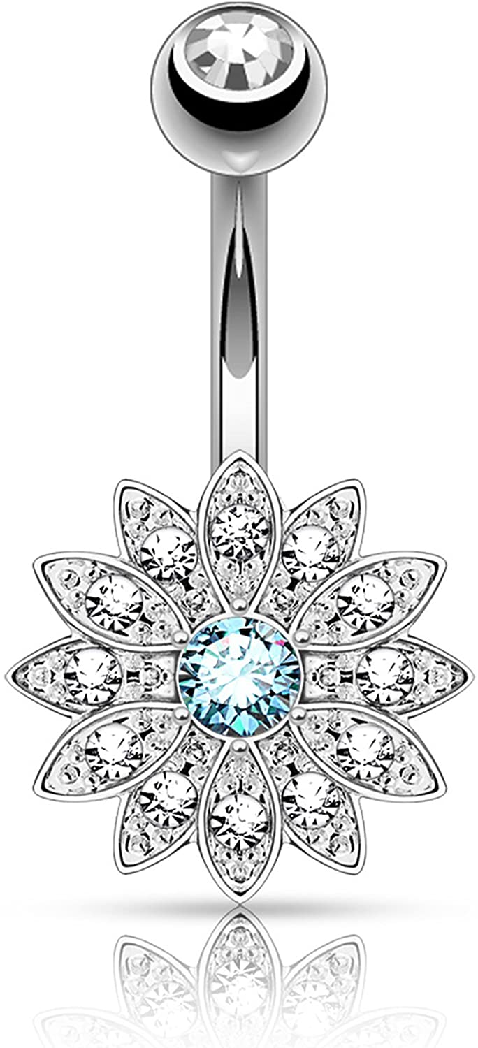 Forbidden Body Jewelry Surgical Steel Crystal Paved Petite Flower Belly Ring with Crystal Center