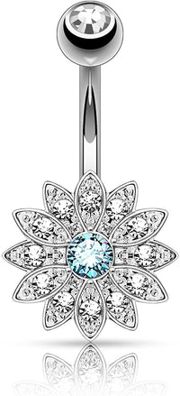 Forbidden Body Jewelry Surgical Steel Crystal Paved Petite Flower Belly Ring with Crystal Center