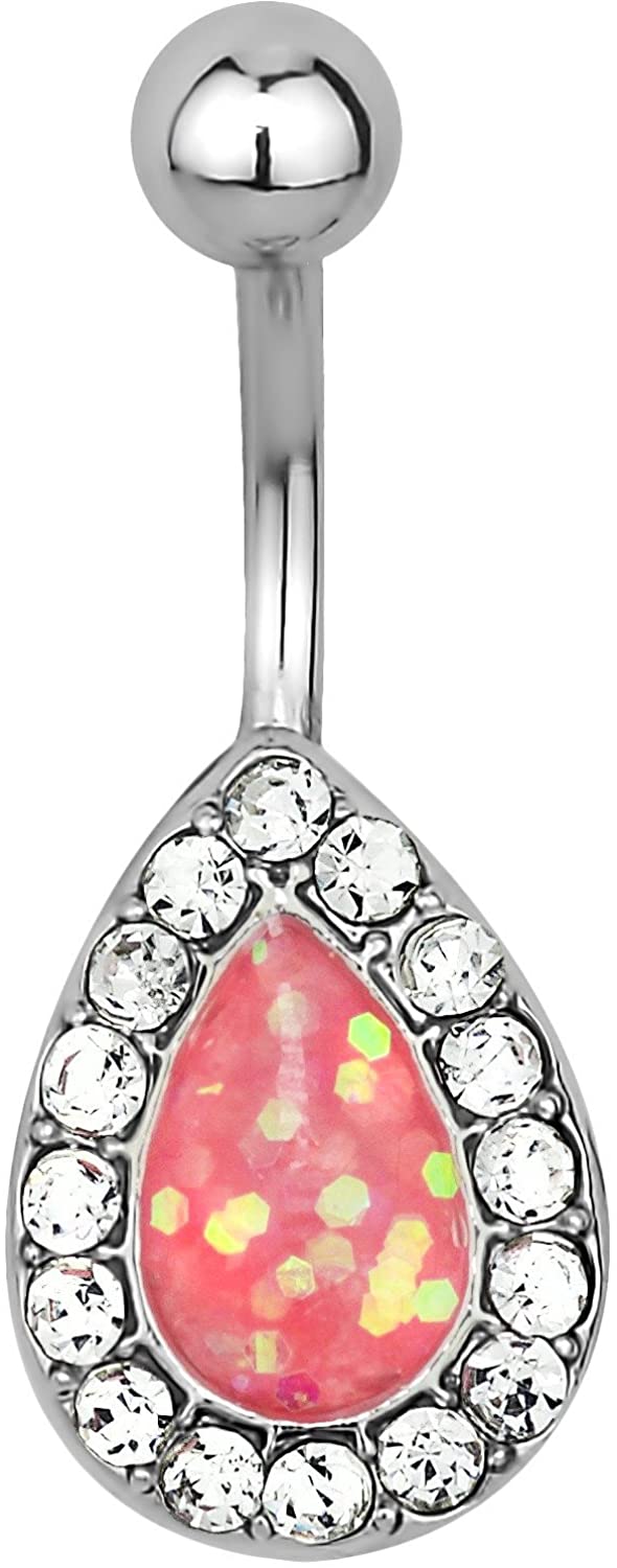 Forbidden Body Jewelry Surgical Steel Pink Glitter Crystalline Tear Drop Imitation Opal Belly Button Ring