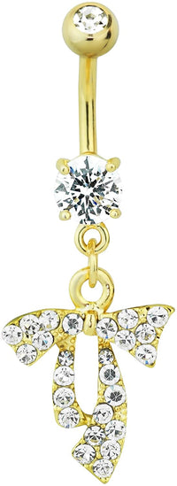 Forbidden Body Jewelry Surgical Steel Yellow Gold IP Dangle Bow CZ Crystal Belly Button Ring