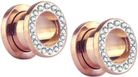 Forbidden Body Jewelry 10G-1" Rose Gold IP Plated Surgical Steel Crystal Rimmed Screw Fit Tunnel Plugs