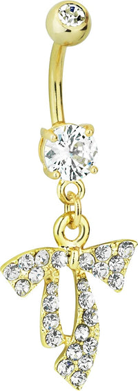 Forbidden Body Jewelry Surgical Steel Yellow Gold IP Dangle Bow CZ Crystal Belly Button Ring