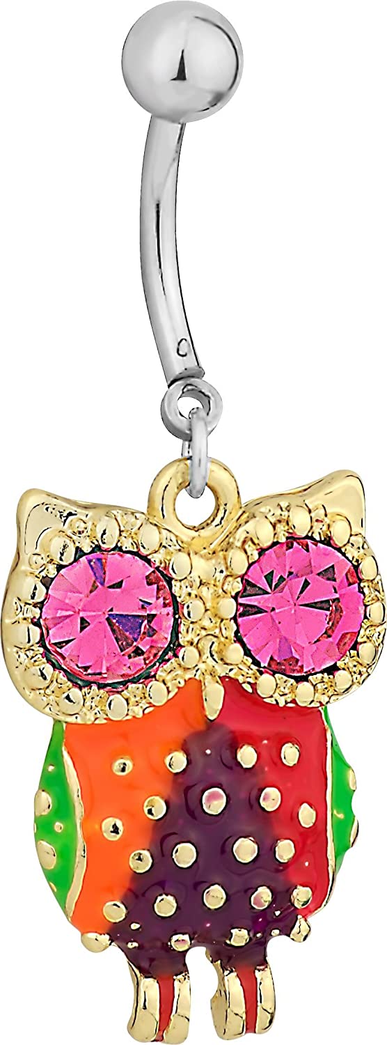 Forbidden Body Jewelry Surgical Steel Colorful Owl Pink CZ Animal Dangle Belly Button Ring