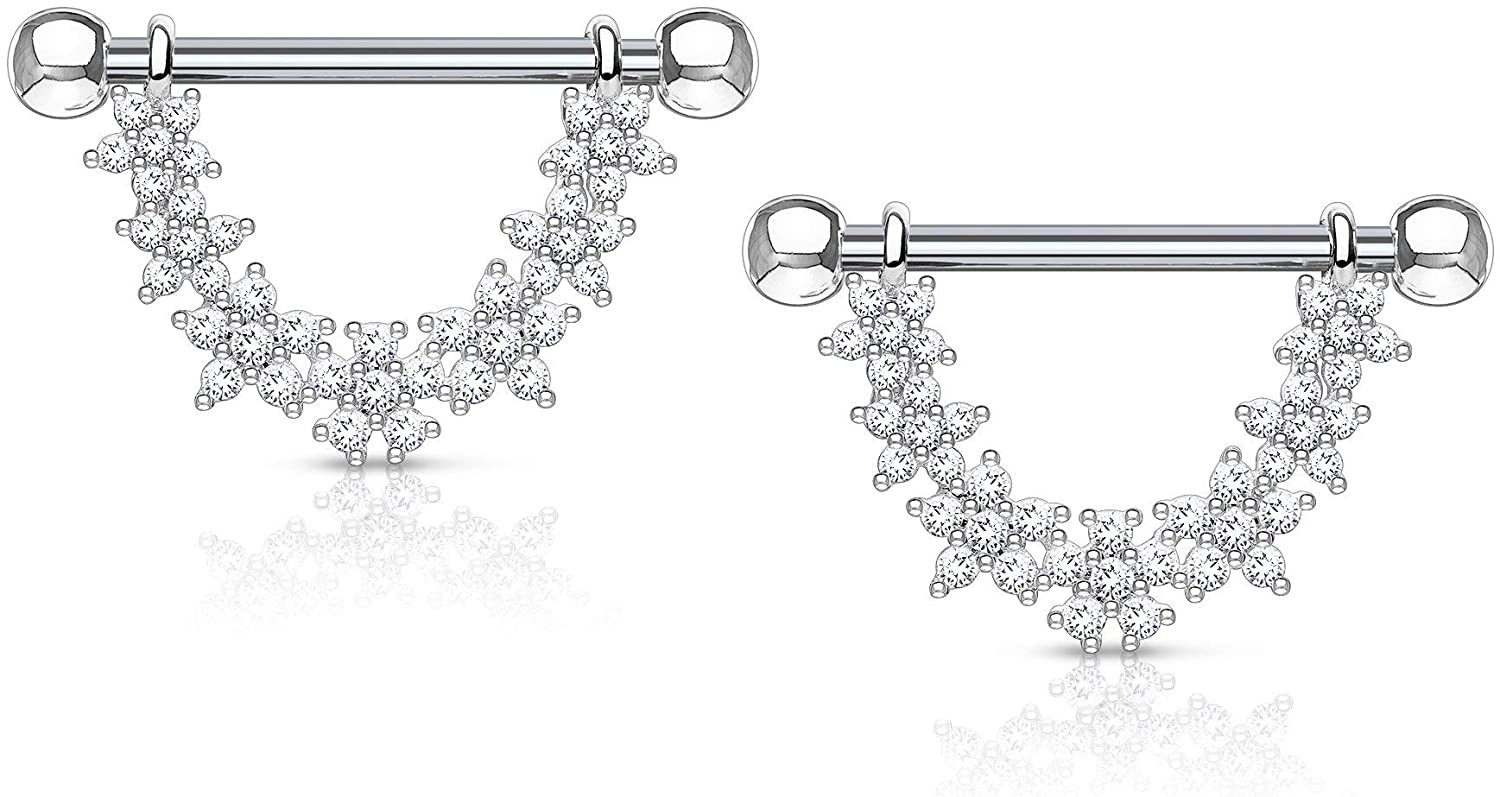 Forbidden Body Jewelry Pair of Surgical Steel 9/16 Inch (14mm) CZ Flower Daisy Chain Dangle Nipple Barbells