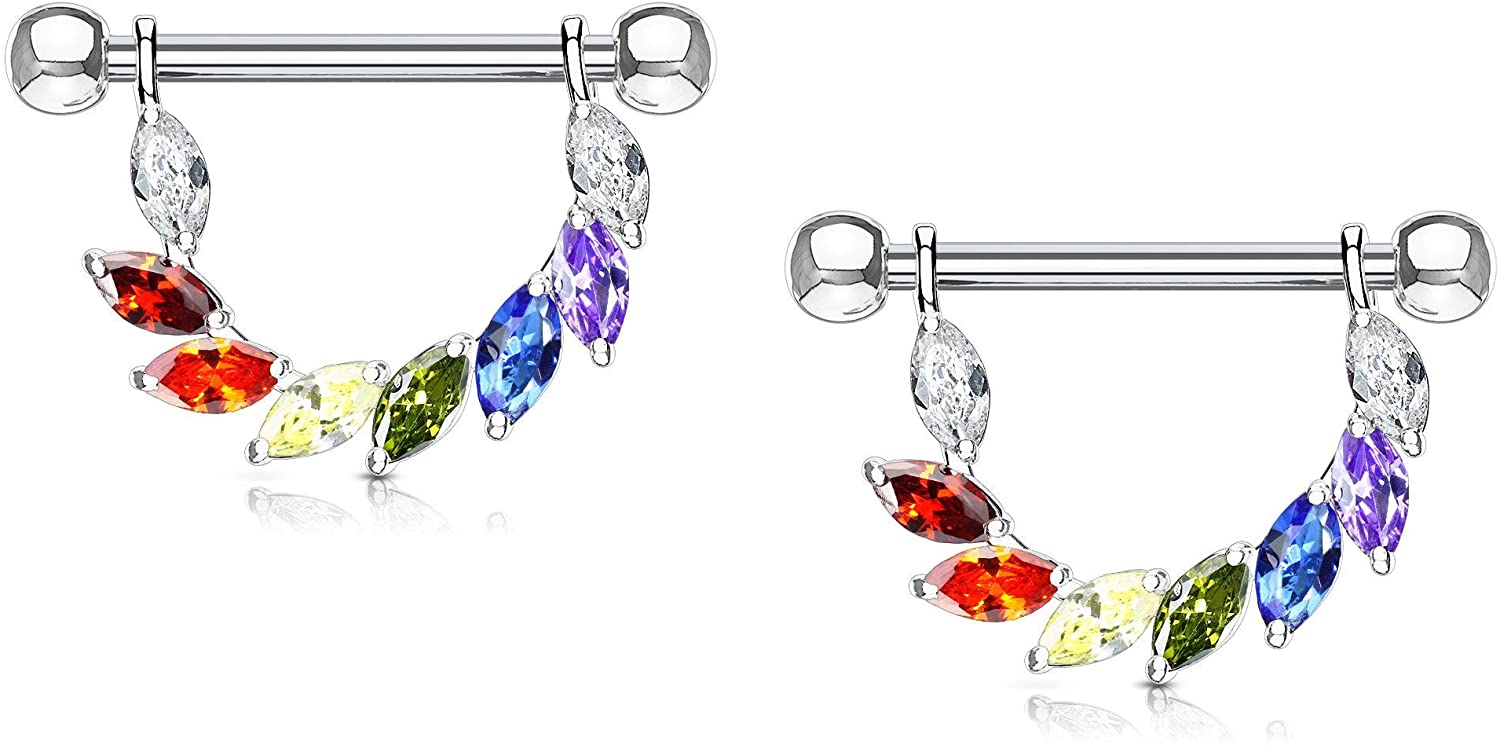 Forbidden Body Jewelry Pair of Surgical Steel 9/16 Inch (14mm) Sexy CZ Vine D-Ring Dangle Nipple Barbells