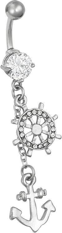 Surgical Steel Jeweled Anchor & Ship Wheel Nautical Dangle Belly Button Ring