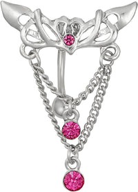 Forbidden Body Jewelry Surgical Steel Reverse Mount Sexy Tribal Pink CZ Jeweled Chains Dangle Belly Button Ring