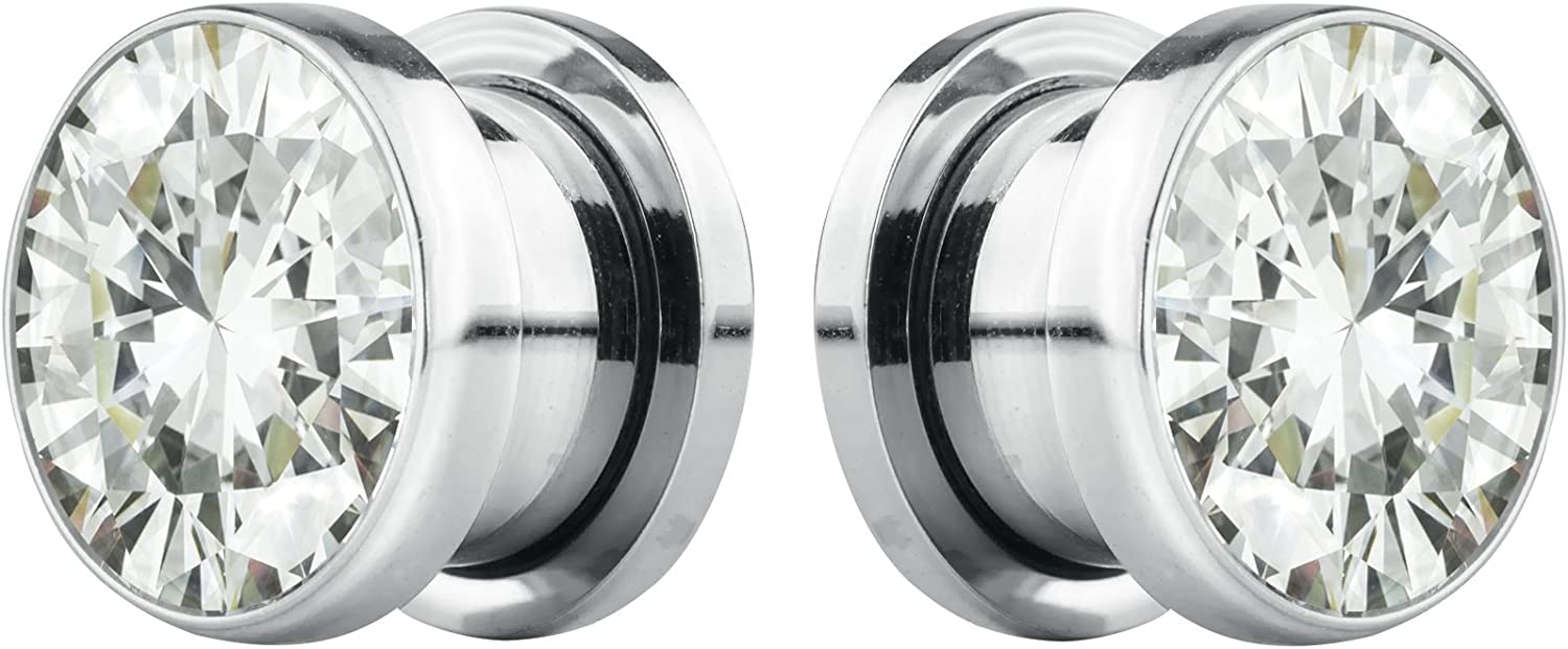 Forbidden Body Jewelry 8G-7/8 Surgical Steel Screw Fit CZ Center Tunnel Plug Earrings (Sold as Pair)