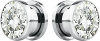 Forbidden Body Jewelry 8G-7/8 Surgical Steel Screw Fit CZ Center Tunnel Plug Earrings (Sold as Pair)