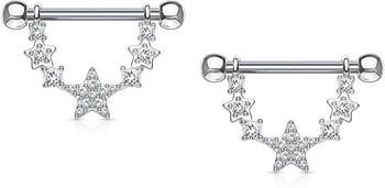 Forbidden Body Jewelry Pair of Surgical Steel 9/16 Inch (14mm) D-Ring Style Pave CZ Star Chain Dangle Nipple Barbells