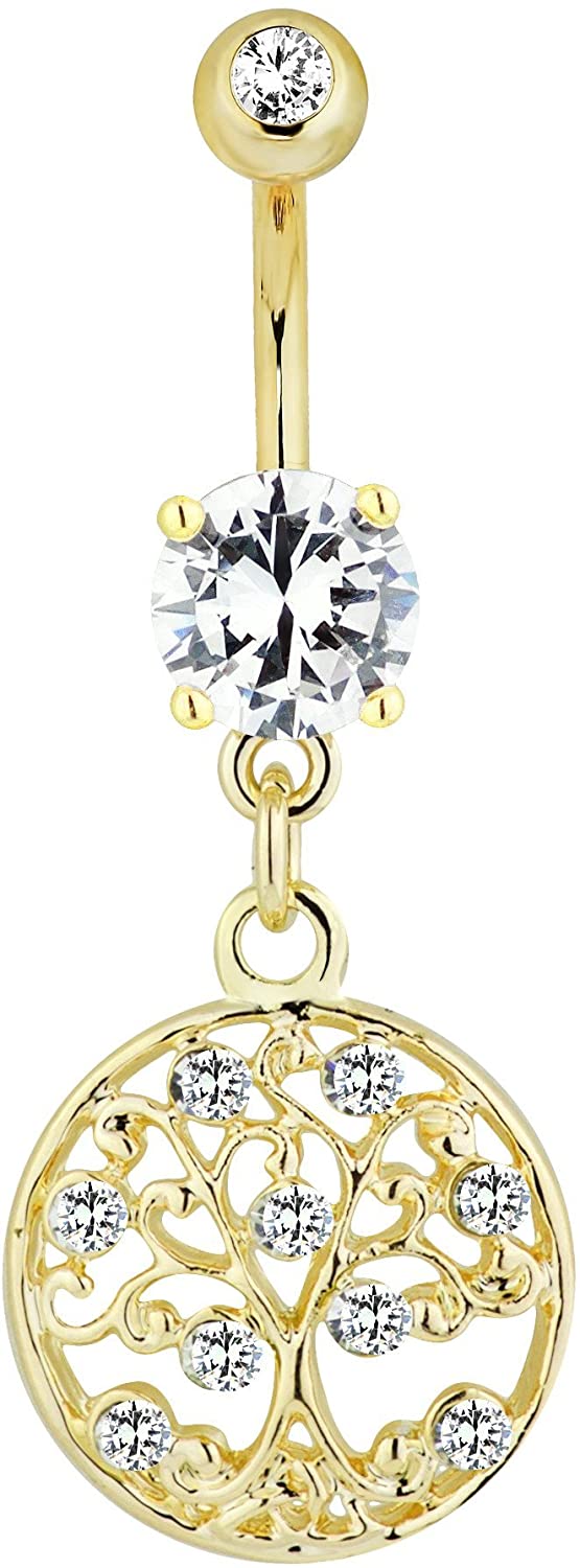 Forbidden Body Jewelry Cubic Zirconia Crystal Tree of Life Dangle Belly Button Ring