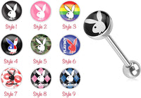 Forbidden Body Jewelry 14g Surgical Steel Playboy Graphic Tongue Piercing Barbell (Choose Style)