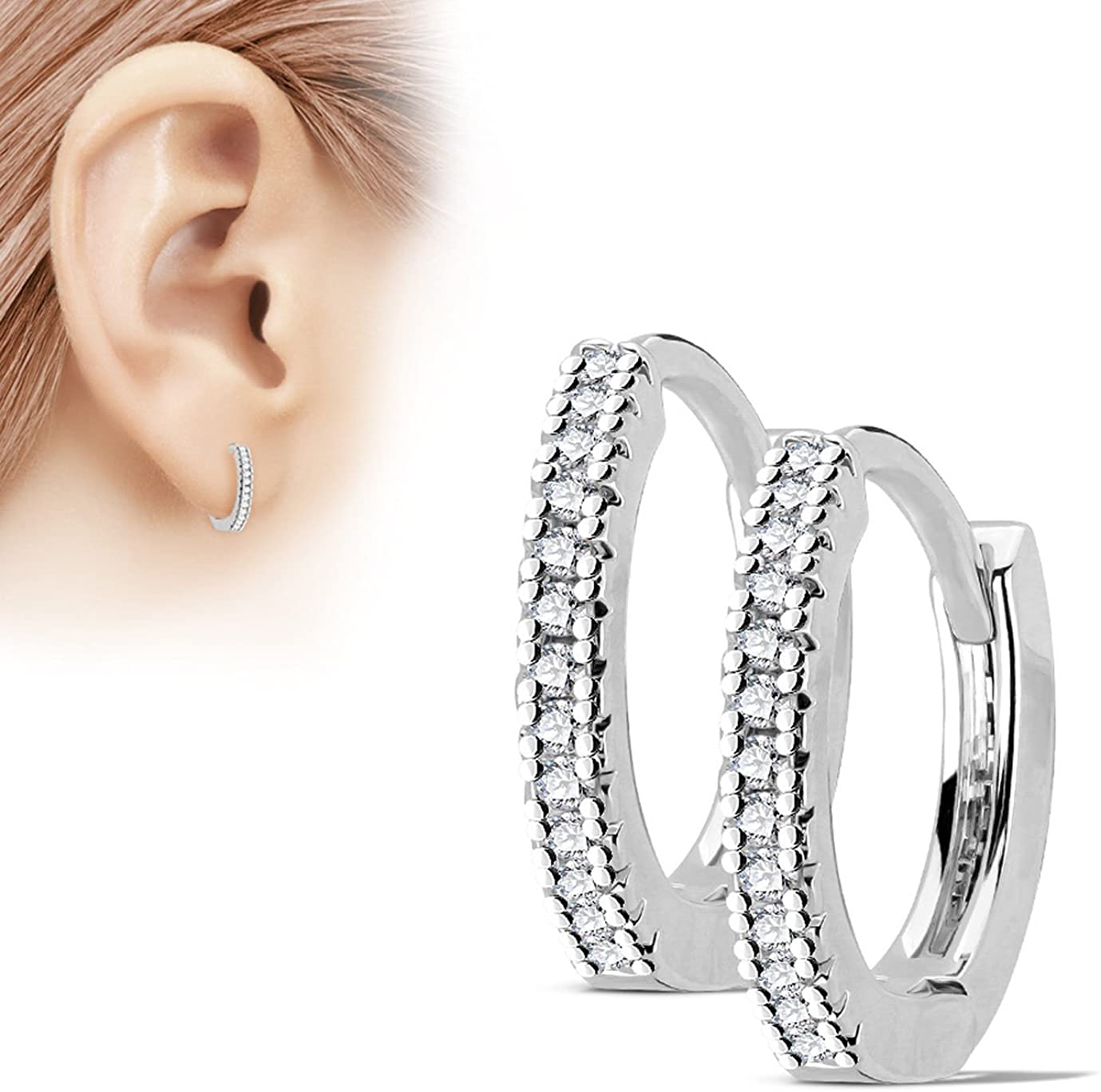 Pair of Surgical Steel/14k Gold Plated/Rose Gold Plated CZ Lined Huggie Hoop Earrings (Choose Style)