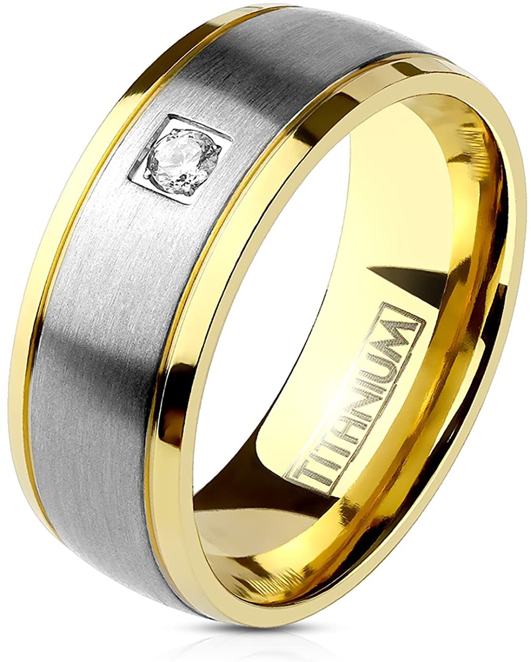 Forbidden Body Jewelry Single Inlaid CZ Two Tone Gold Plated Edge Brushed Finish Center Solid Titanium Band