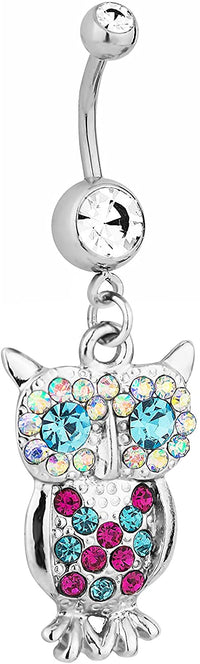 Surgical Steel Jeweled Clear Pave Gem Owl Animal Dangle Belly Button Ring