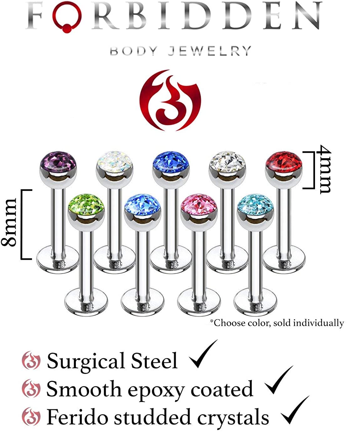 Forbidden Body Jewelry 16g 8mm Surgical Steel Ferido Crystal 4mm Top Cartilage & Labret Stud (Choose Color)