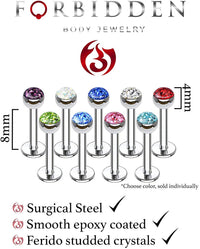 Forbidden Body Jewelry 16g 8mm Surgical Steel Ferido Crystal 4mm Top Cartilage & Labret Stud (Choose Color)