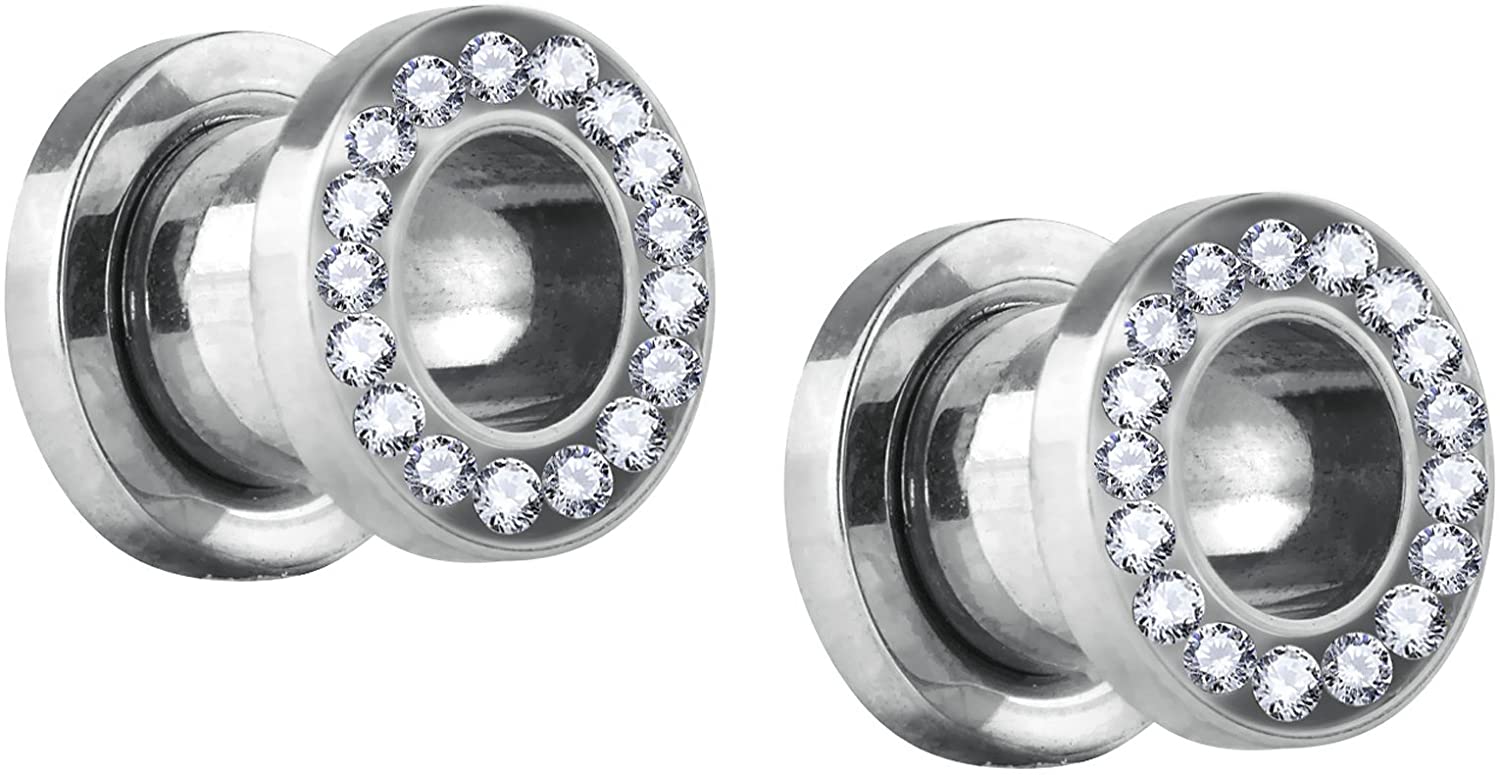 Forbidden Body Jewelry 2pcs 8GA-7/8 Surgical Steel Crystal Rimmed Screw Fit Tunnel Plugs