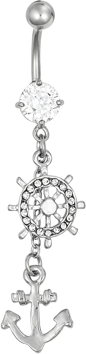 Surgical Steel Jeweled Anchor & Ship Wheel Nautical Dangle Belly Button Ring