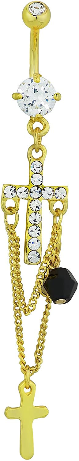 Forbidden Body Jewelry 14kt Gold Plated Cross Charms CZ Crystal Dangle Belly Button Ring